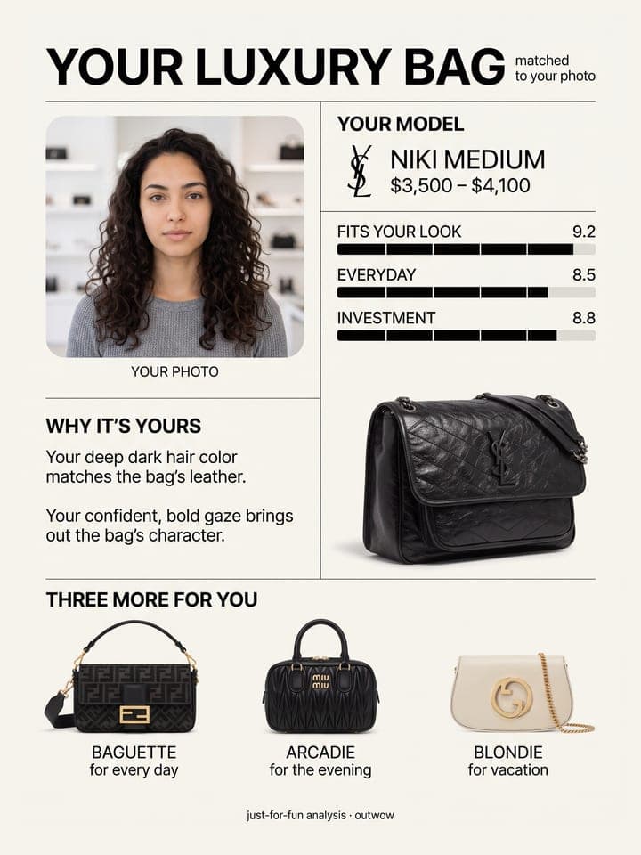 Poster YOUR LUXURY BAG mit Porträt, Produktfoto einer Designertasche, ihrem Preis und drei weiteren Taschen