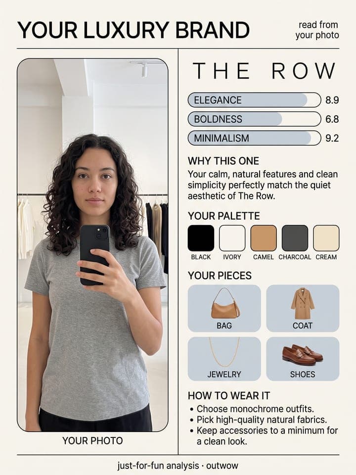 Poster YOUR LUXURY BRAND: Spiegelselfie einer Frau mit dunklen Locken in einer Boutique, Logo von THE ROW, Bewertungen, eine Palette aus fünf Farben und vier Produktfotos