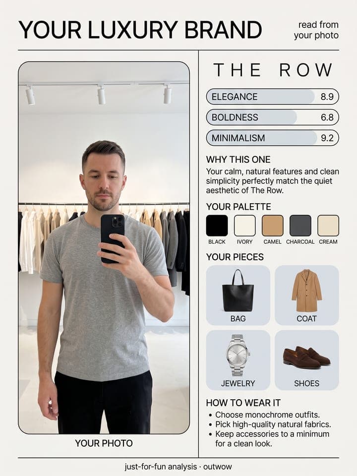 Póster YOUR LUXURY BRAND con la selfie en el espejo de un hombre en una boutique de moda masculina, el logotipo de THE ROW, puntuaciones, una paleta y cuatro prendas de hombre