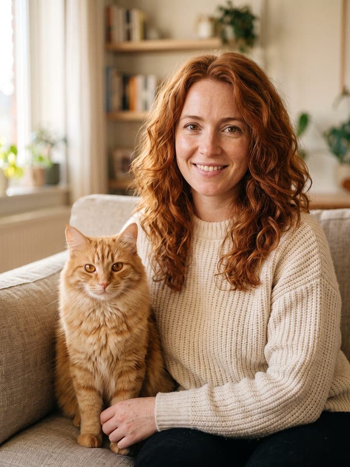 Portrait of a ginger cat beside an imagined red-haired woman in a cream sweater with the same amber eyes
