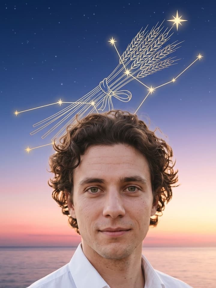 Hombre joven de pelo oscuro y rizado con una camisa blanca al amanecer junto al mar, con una constelación dorada en forma de gavilla de trigo brillando detrás