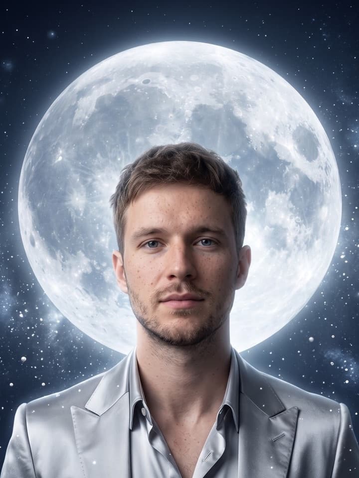 Hombre joven con camisa y chaqueta de satén plateado frente a una enorme luna llena luminosa en un cielo estrellado