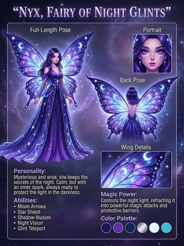 Winx-style fairy character sheet with a dark-haired fairy, starry violet gown and glowing butterfly wings