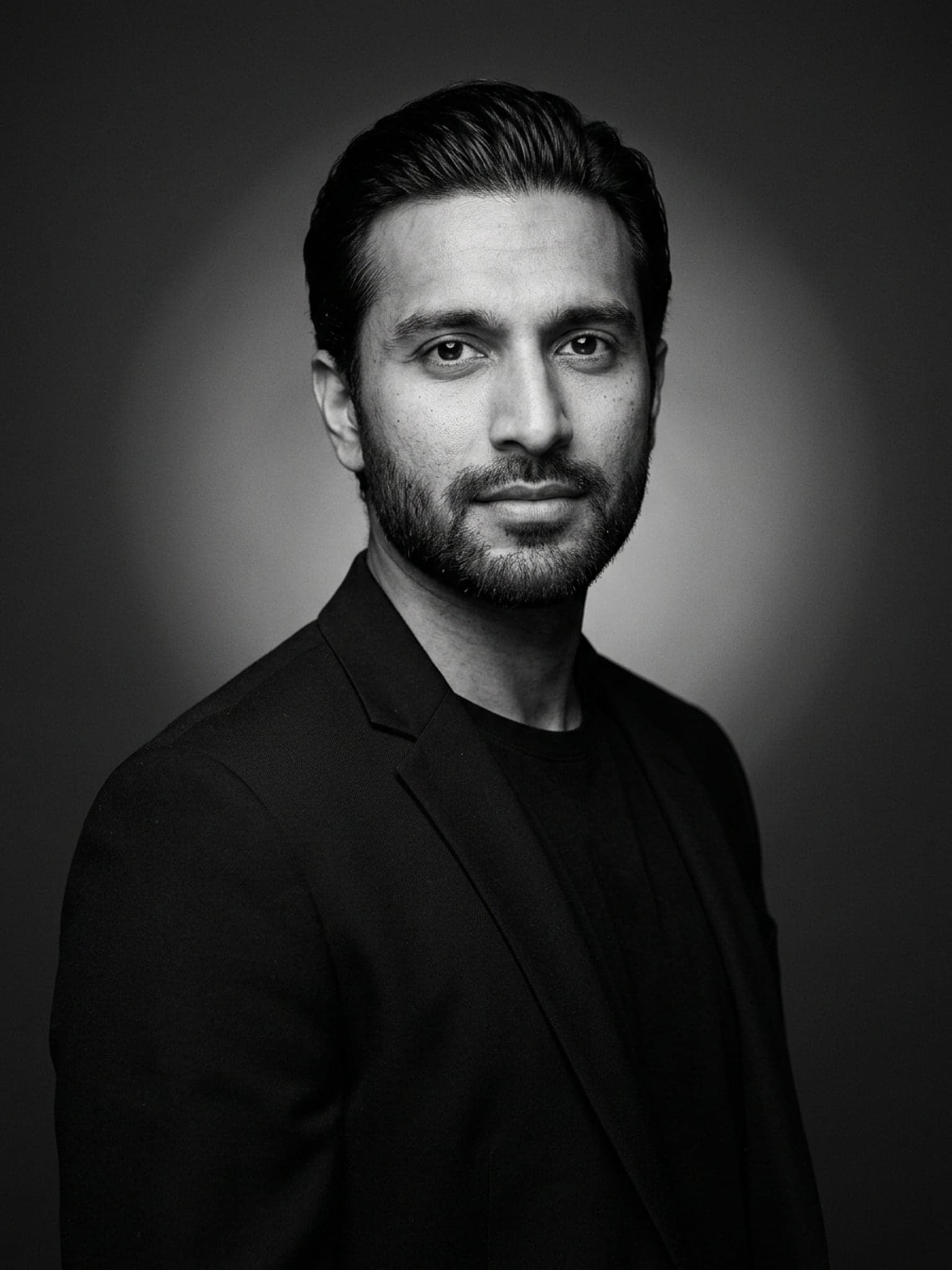 Black-and-white studio portrait of a man in a dark blazer, looking into the camera
