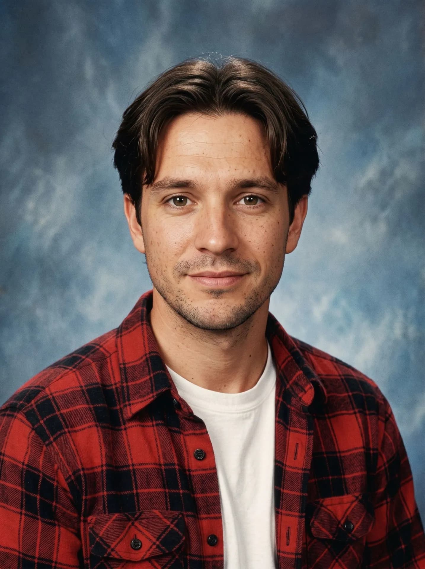 Man with middle-parted curtain hair and stubble in a red plaid flannel over a white tee on a mottled blue backdrop
