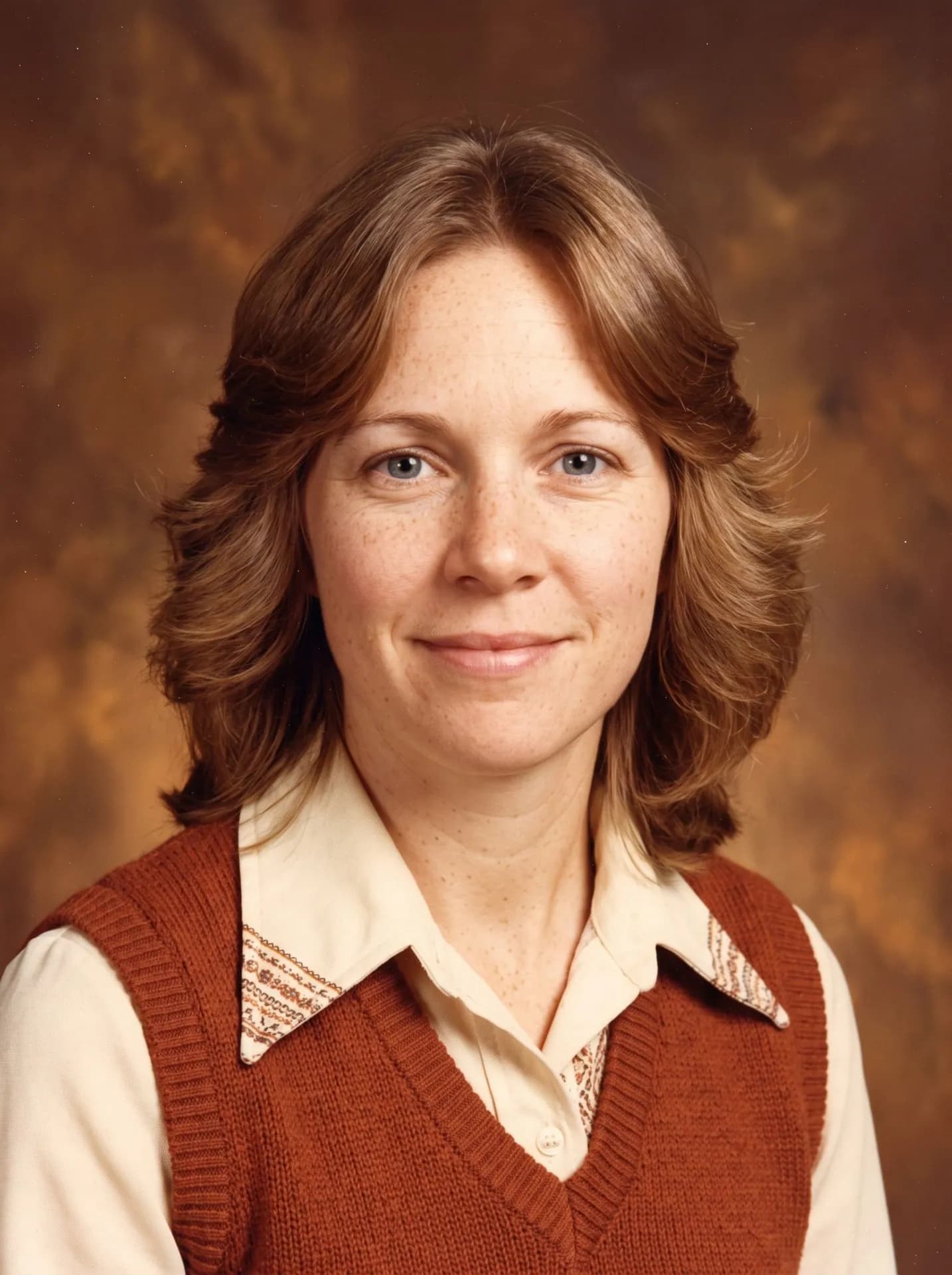 Woman with feathered light brown hair in a rust sweater vest over a cream blouse with a patterned wide collar, brown backdrop