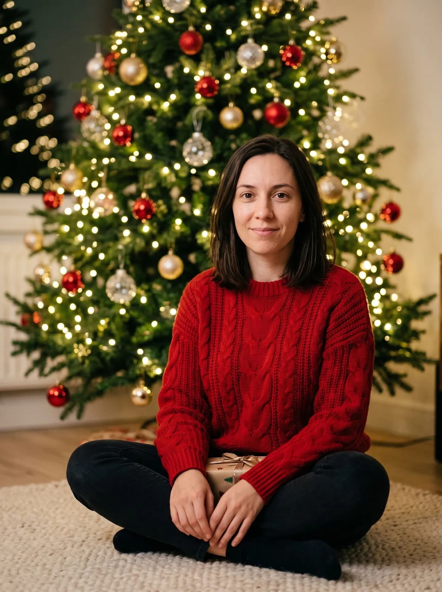 Woman with shoulder-length dark hair in a red cable-knit sweater, sitting cross-legged on a cream rug by a lit tree