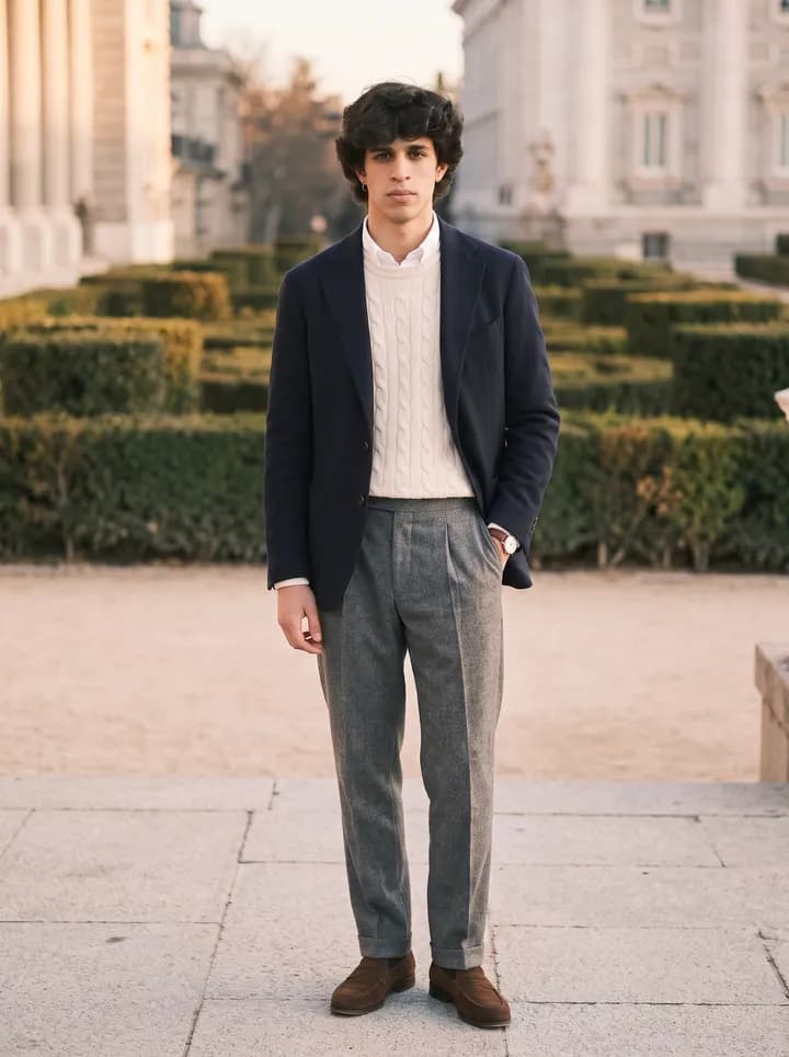 Junger Mann in marineblauem Blazer, cremefarbenem Zopfstrickpulli und grauer Hose in einem Schlossgarten, erstellt mit der Vorlage „Style-Makeover“ aus einem Oberkörperfoto