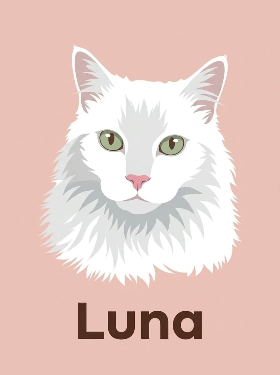 Flat illustration of a white long-haired cat with green eyes on a blush pink background, the name Luna in brown below