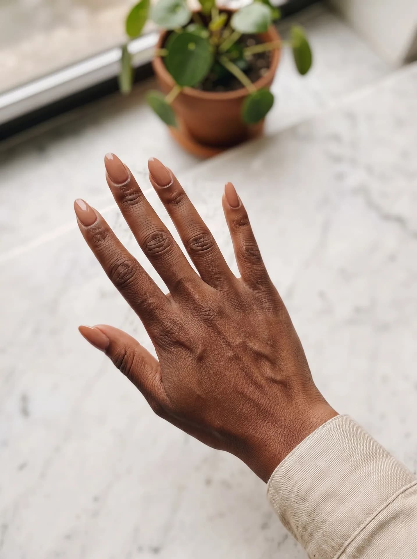 The same deep-skinned hand with medium almond nails in a glossy caramel nude, same pose, marble sill and plant