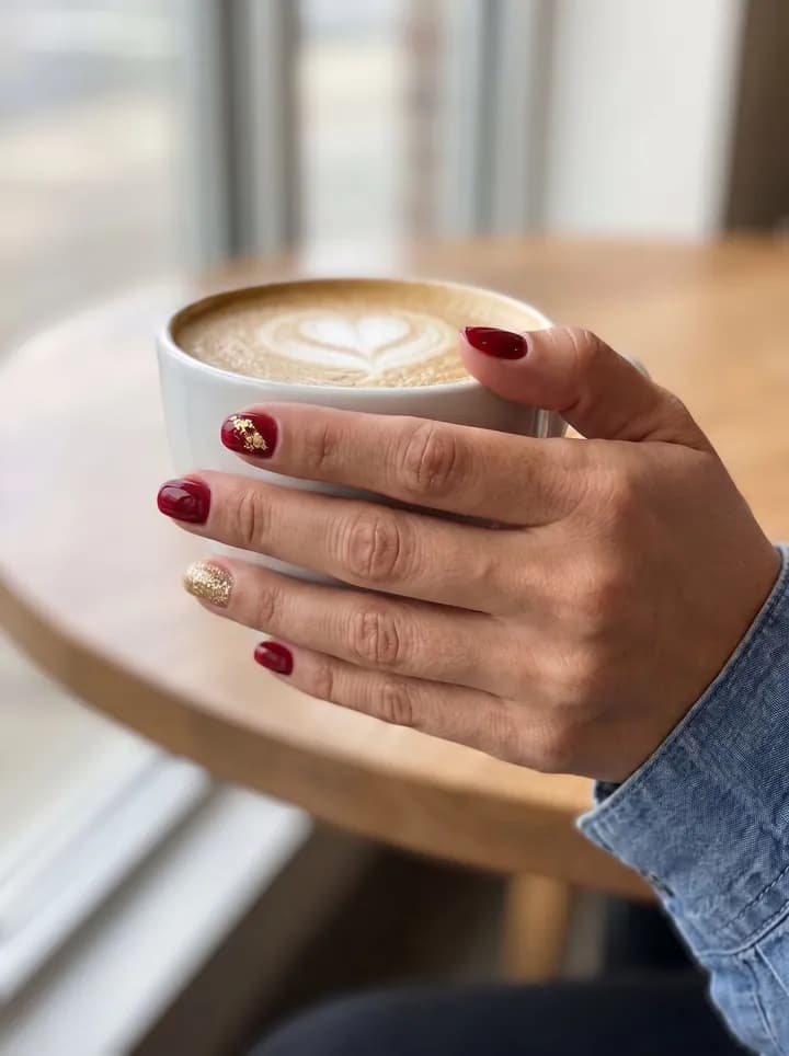 Dieselbe Hand um eine Latte-Tasse mit glänzenden tiefroten Nägeln, einem goldenen Glitzernagel und Blattgold auf einem anderen