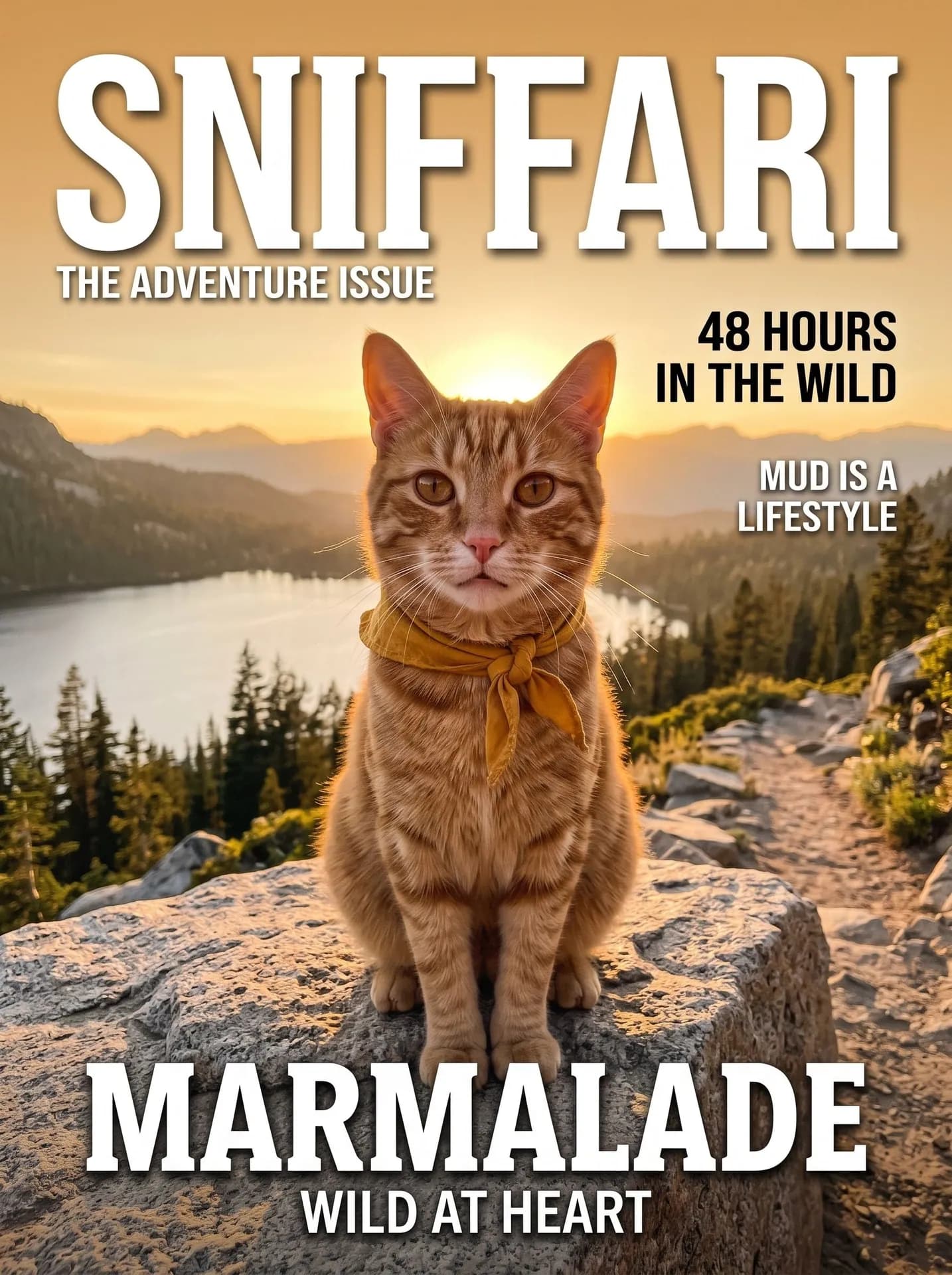 SNIFFARI cover: ginger tabby cat in a mustard bandana on a boulder above a mountain lake at sunset, named MARMALADE