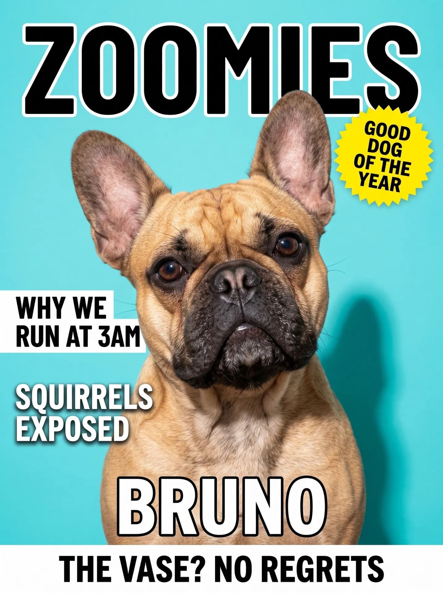ZOOMIES parody cover: fawn French bulldog on turquoise, the name BRUNO, a GOOD DOG OF THE YEAR starburst