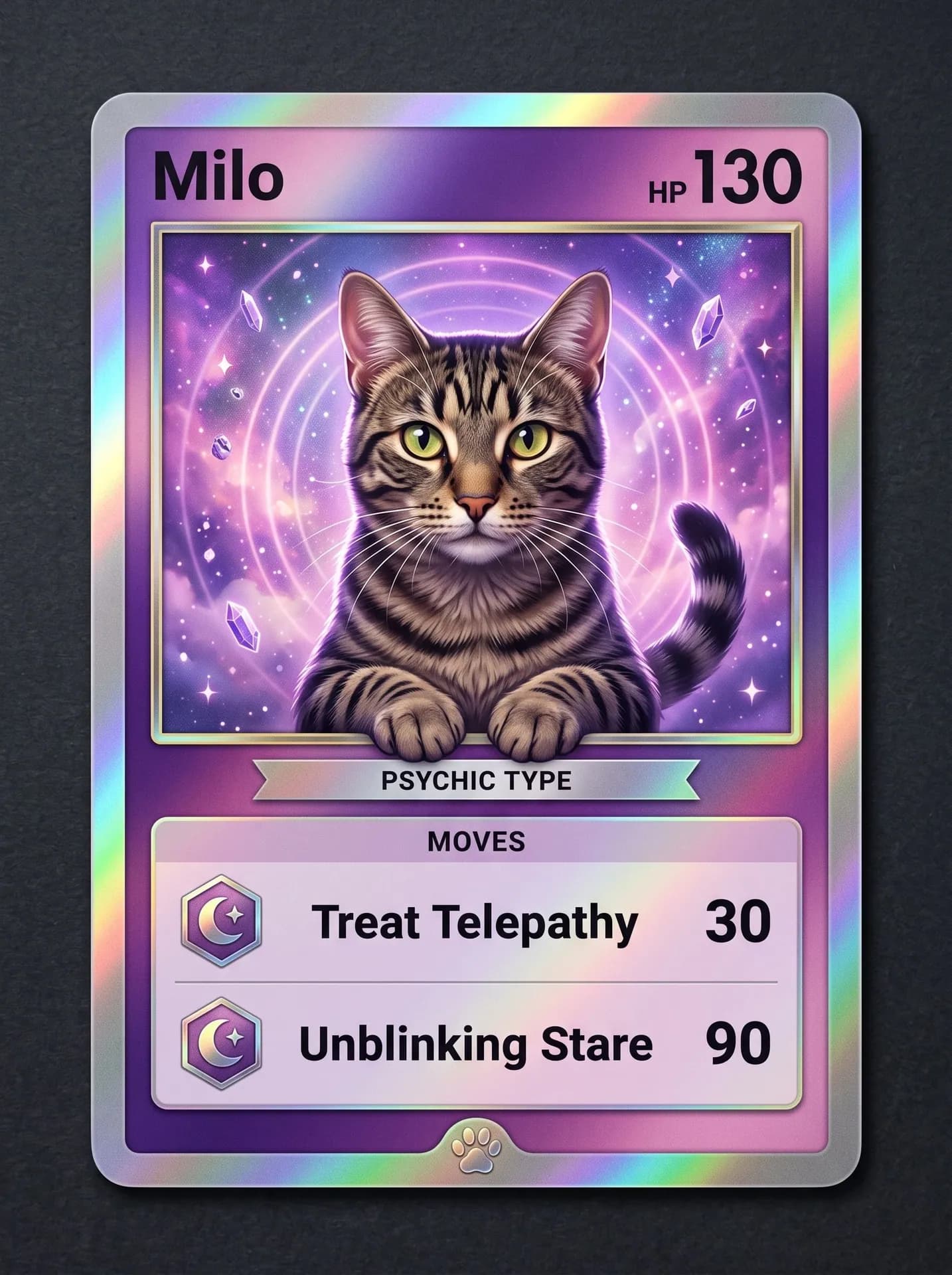 Violet holo card: a painted brown tabby cat in a cosmic swirl, titled Milo, HP 130, Psychic Type
