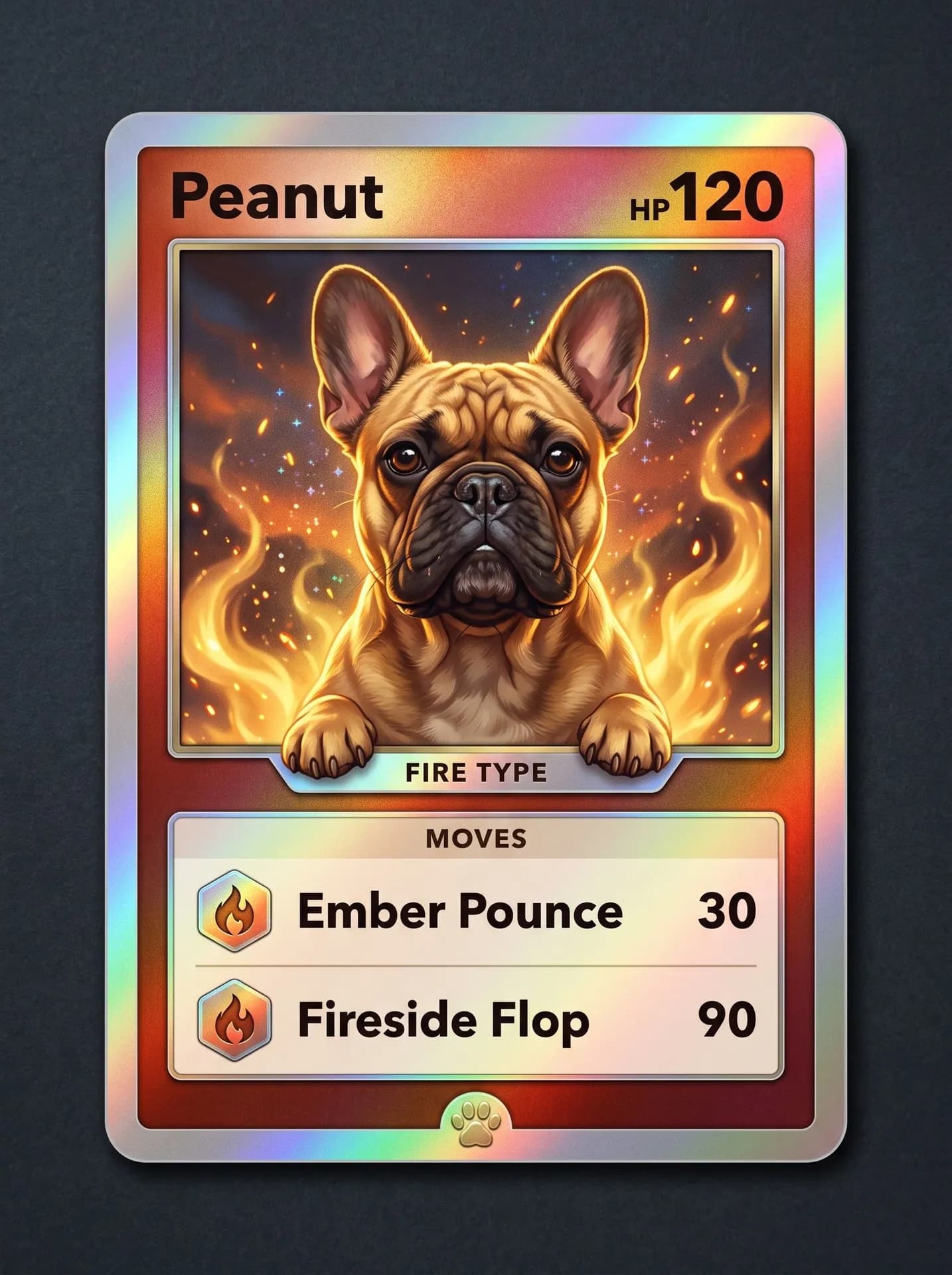Holo creature card on slate: a painted fawn French bulldog amid flames, titled Peanut, HP 120, Fire Type