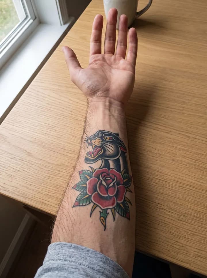 Unterarm eines Mannes auf einem Eichentisch mit einem verheilten Traditional-Tattoo: ein schwarzer Pantherkopf über einer roten Rose