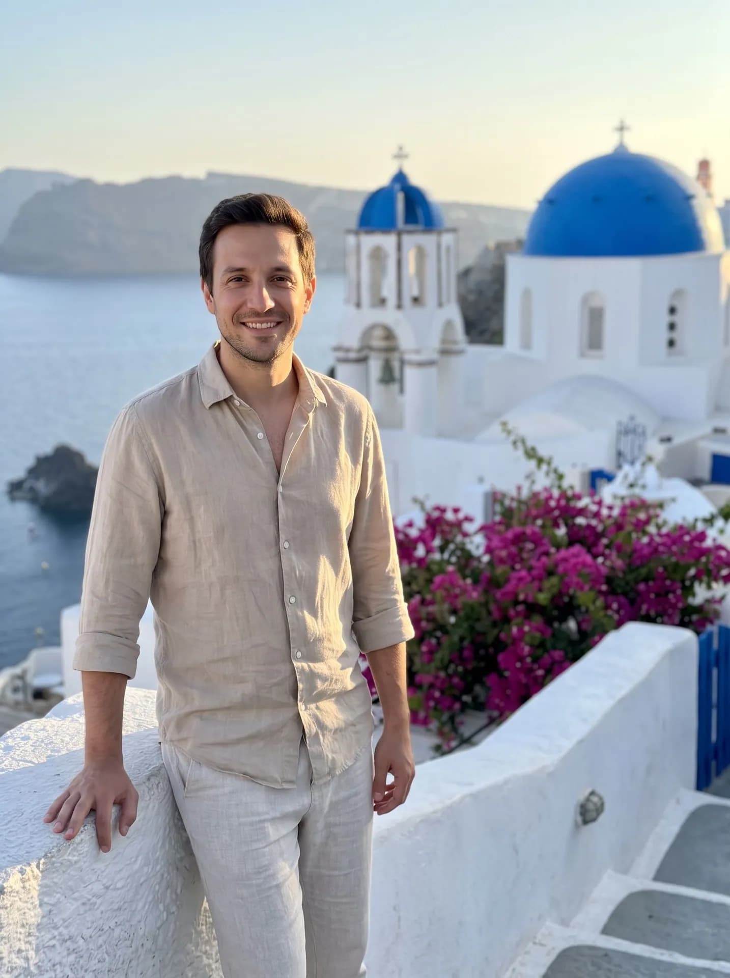 Man in a sand linen shirt with one hand on a white wall in Santorini, blue domes and pink bougainvillea beside him
