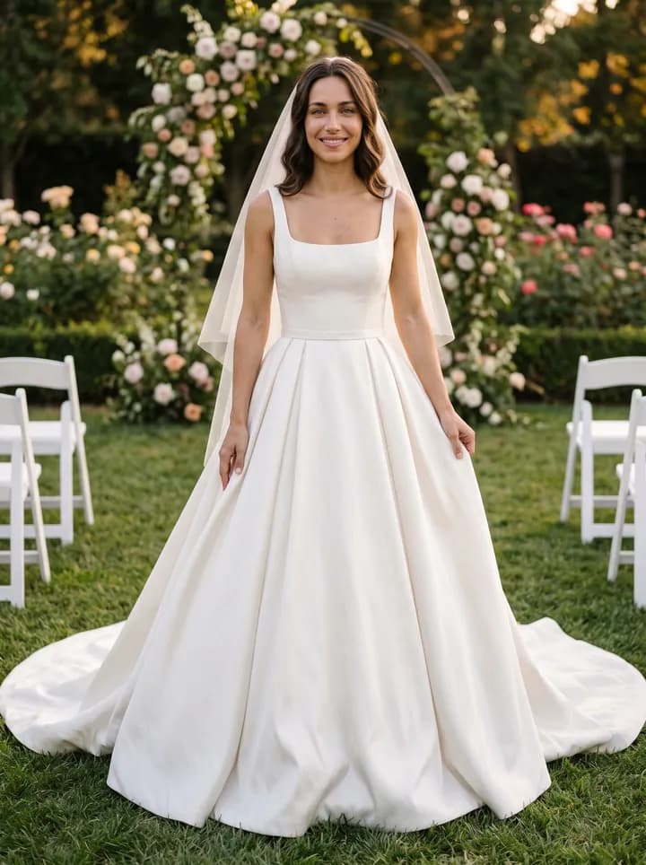Lächelnde Frau in einem elfenbeinfarbenen Ballkleid mit eckigem Ausschnitt und Schleier auf einem Gartengang, gesäumt von Rosen und weißen Stühlen