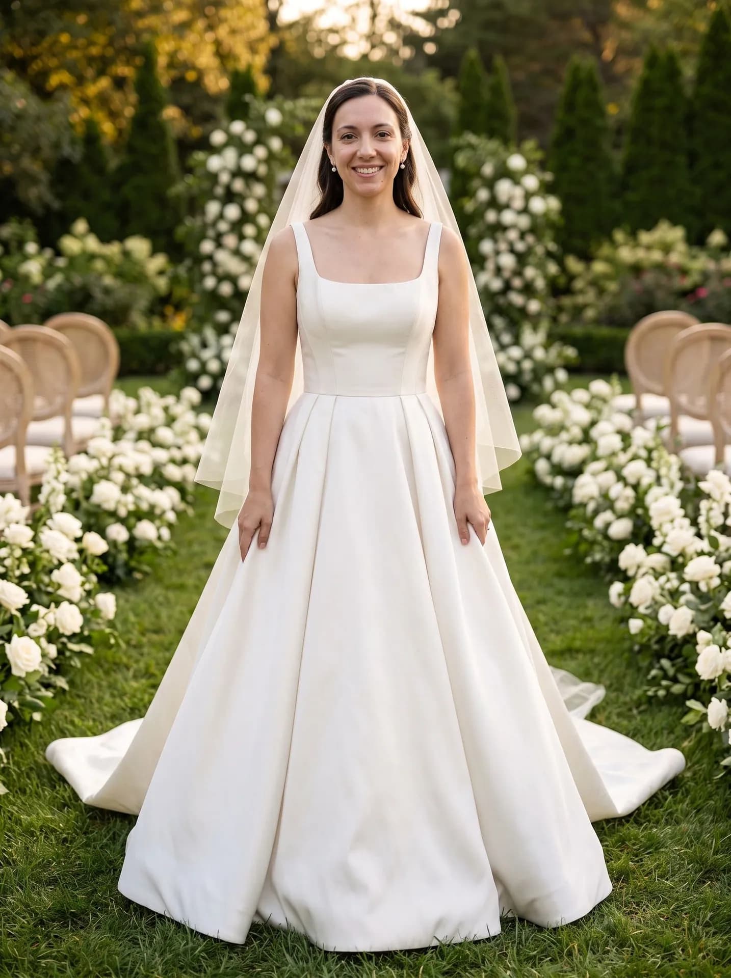 Smiling woman in an ivory square-neck ball gown with a full skirt on a grass aisle lined with white roses at sunset