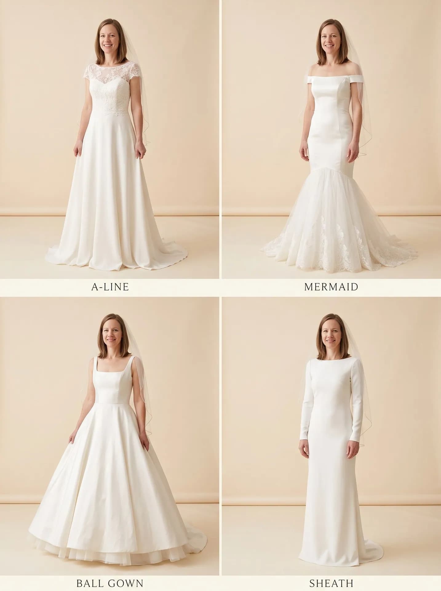 Four labeled full-length frames of one woman in A-line, mermaid, ball gown and sheath wedding dresses on an ivory backdrop