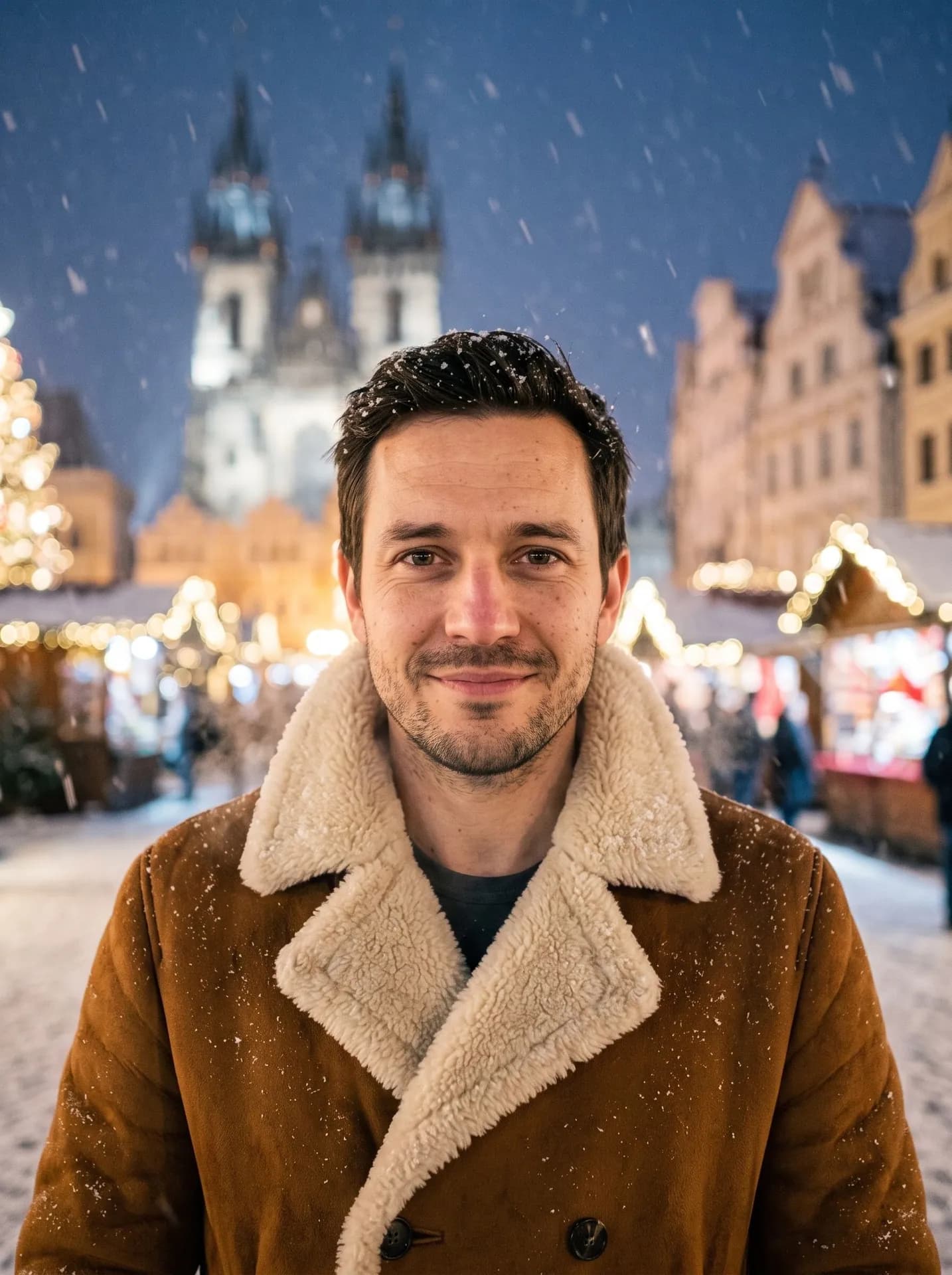 Man with stubble in a tobacco faux-shearling coat with a cream collar, snow falling at night over a Christmas market square