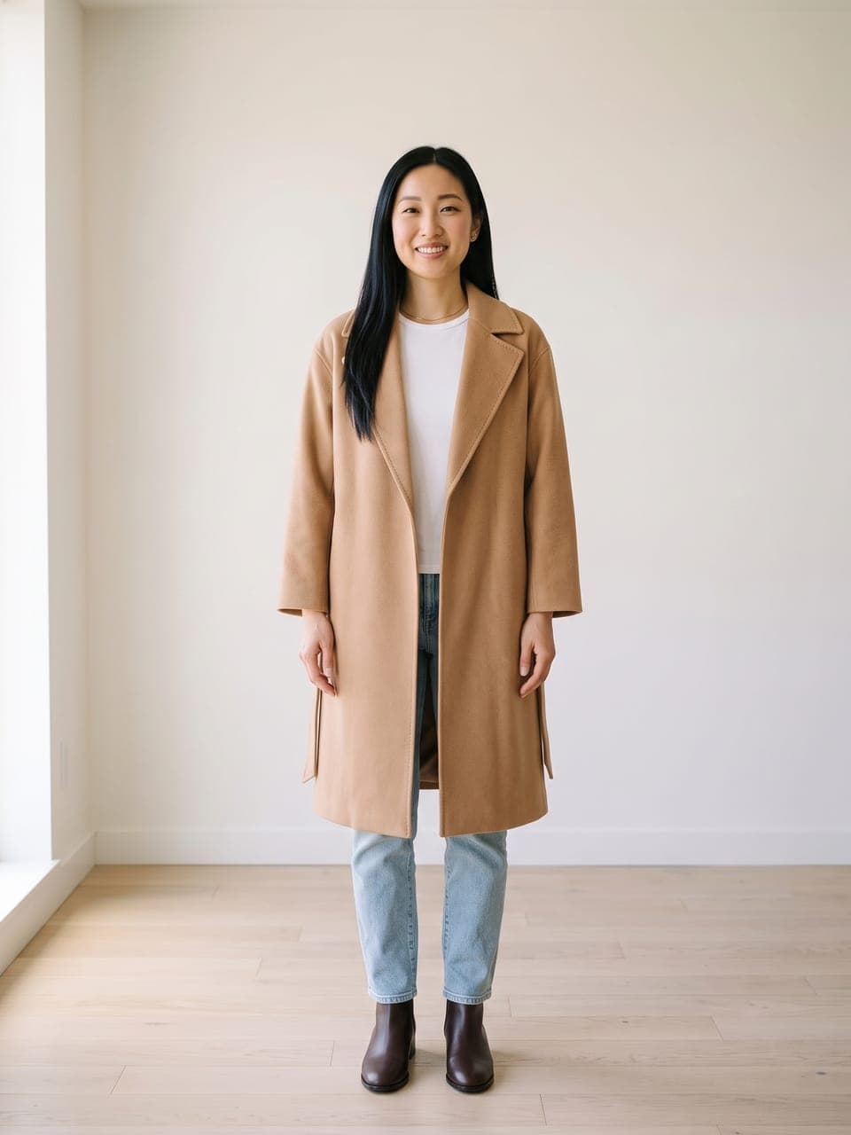 Dieselbe Frau im kamelfarbenen Mantel und mit den braunen Stiefeletten zu T-Shirt und Jeans
