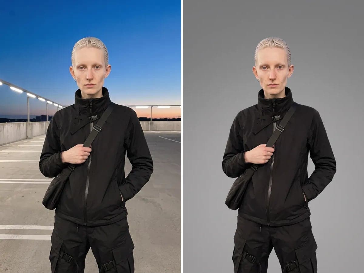 Dieselbe Frau in schwarzer Jacke, einmal auf einem Parkdeck bei Sonnenuntergang und einmal vor einem schlichten Studiohintergrund