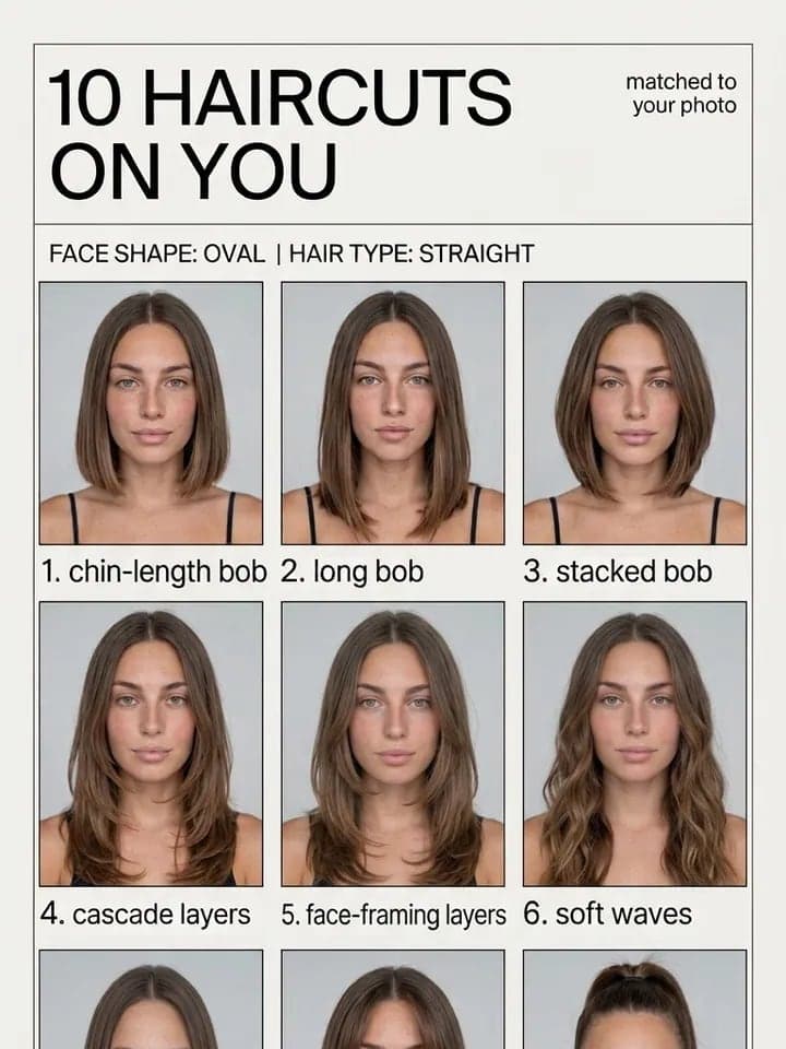 Poster „10 Frisuren an dir“ für eine Frau mit langen hellbraunen Haaren: kinnlanger Bob, langer Bob, gestufter Bob, Kaskade, gesichtsumrahmende Stufen und weiche Wellen an ihrem Gesicht