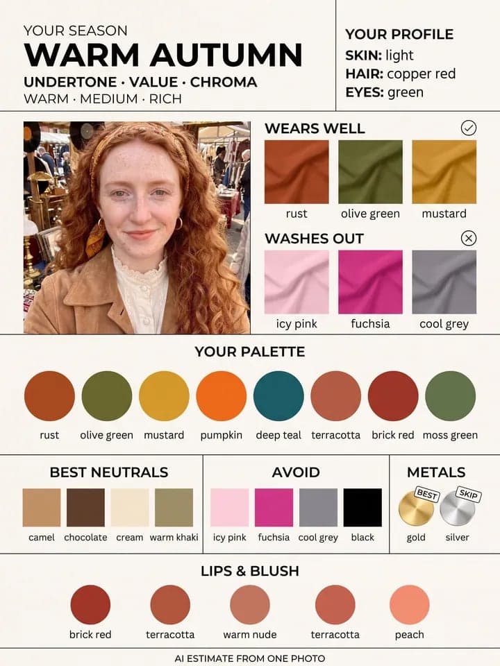 Farbanalyse-Poster für eine rothaarige Frau: Warm Autumn, Farben, die ihr stehen und die sie blass machen, ihre Palette und Metalle