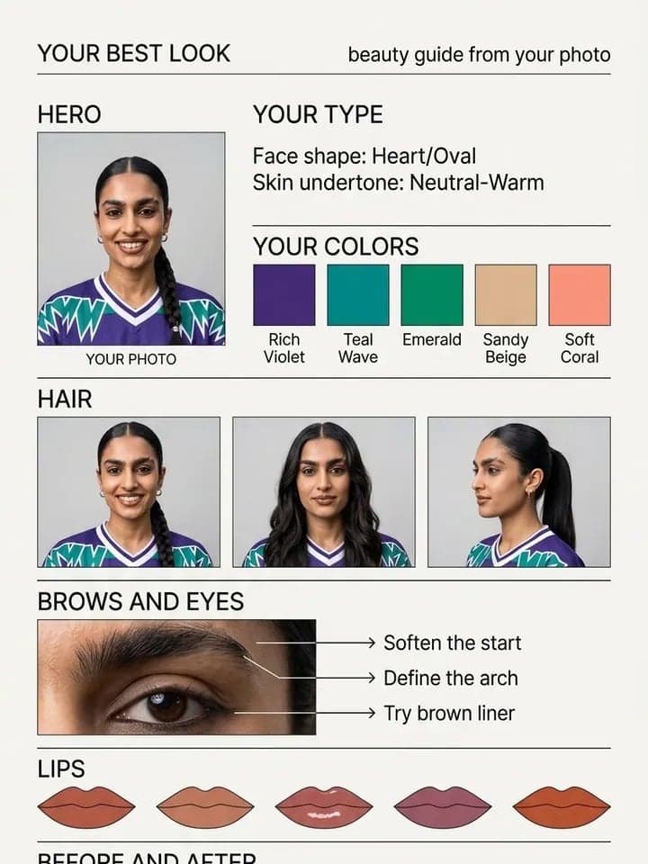 Beauty-Guide-Poster für eine Frau mit langem Zopf: ihr Typ, ihre Farben und drei Frisuren