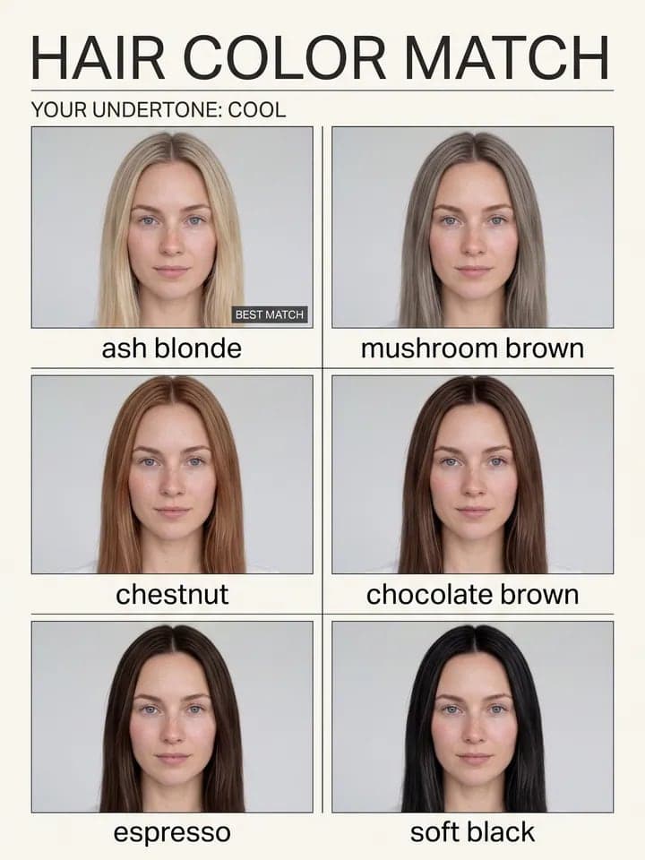 Poster „Die passende Haarfarbe“ für eine blonde Frau: Aschblond, Mushroom Brown, Kastanie, Schokobraun, Espresso und sanftes Schwarz an ihrem Gesicht
