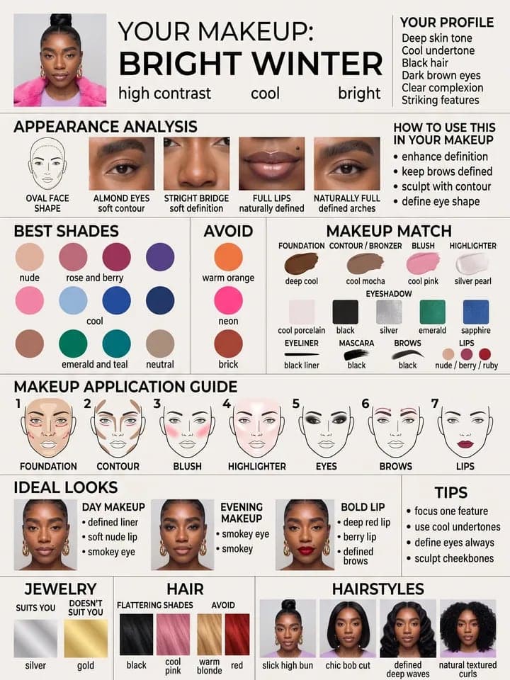 Poster „Make-up für deinen Farbtyp“: Bright Winter, beste Töne, passendes Make-up und eine Schritt-für-Schritt-Anleitung für eine Frau