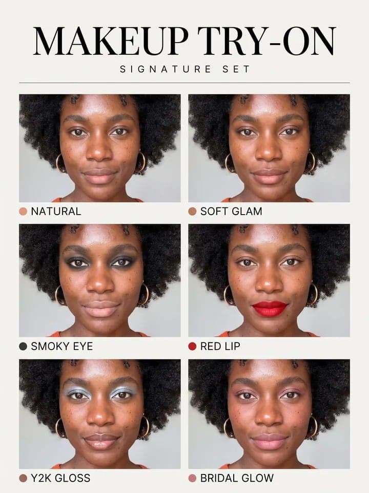 Poster „Make-up-Anprobe“: natürlich, Soft Glam, Smokey Eyes, rote Lippen, Y2K-Gloss und Braut-Glow an derselben Frau