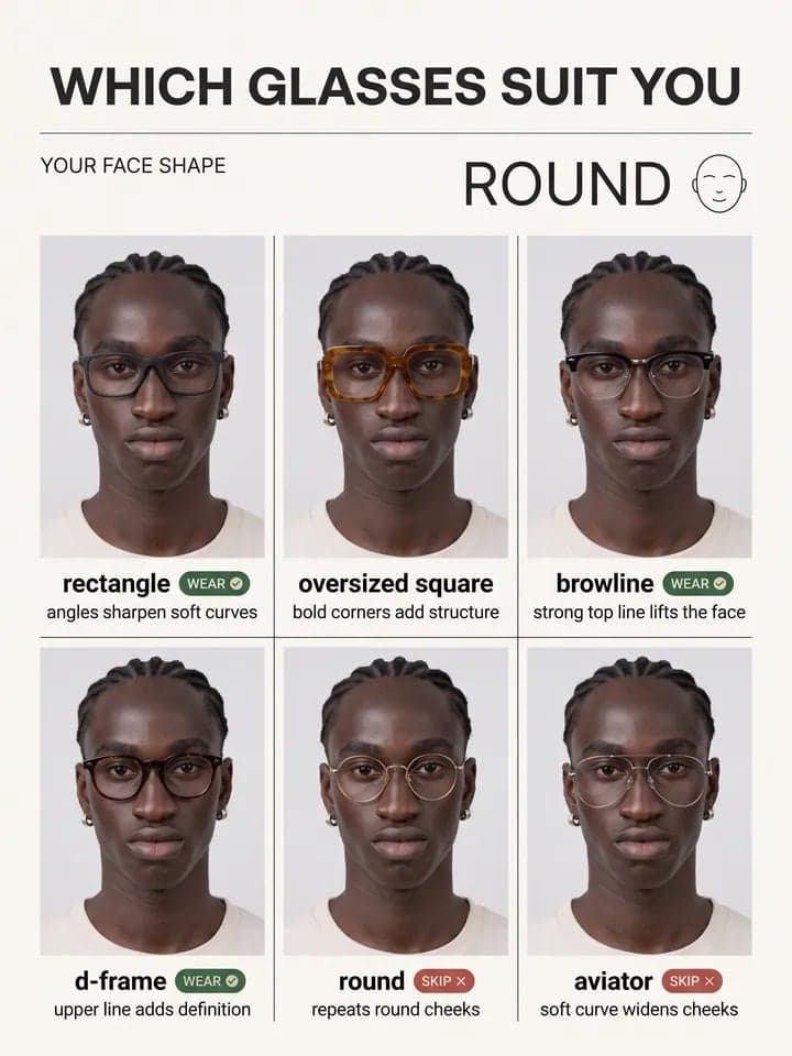 Poster „Welche Brille passt zu dir“ für einen jungen Mann mit Cornrows: rechteckige, übergroße eckige, Browline-, D-Form-, runde und Pilotengestelle