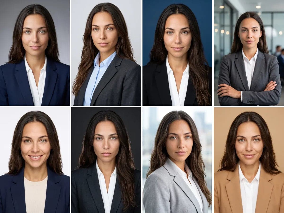 Raster aus professionellen Business-Porträts einer Frau in verschiedenen Blazern vor verschiedenen Hintergründen