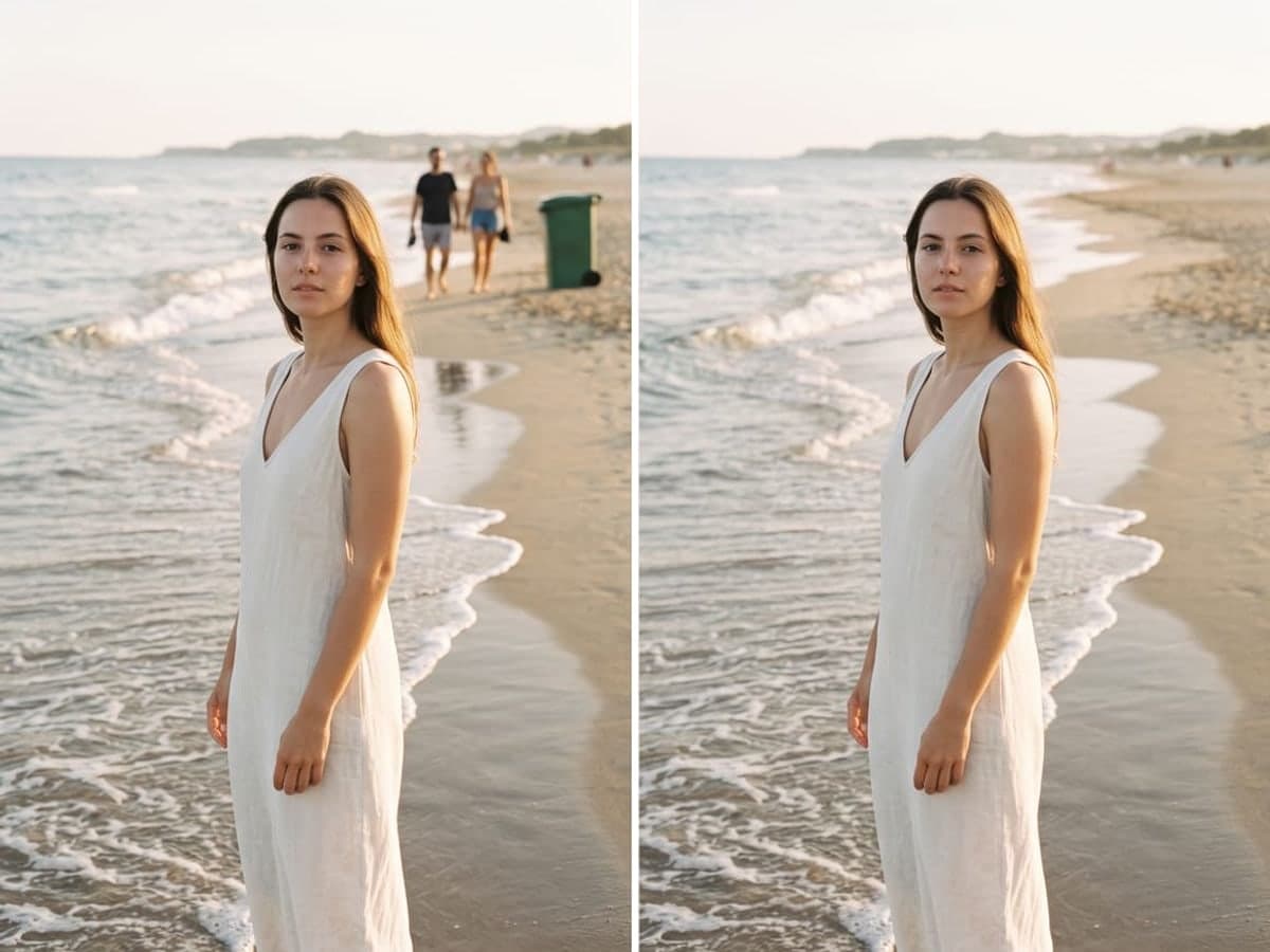 Beach photo of a woman shown with and without strangers walking behind her