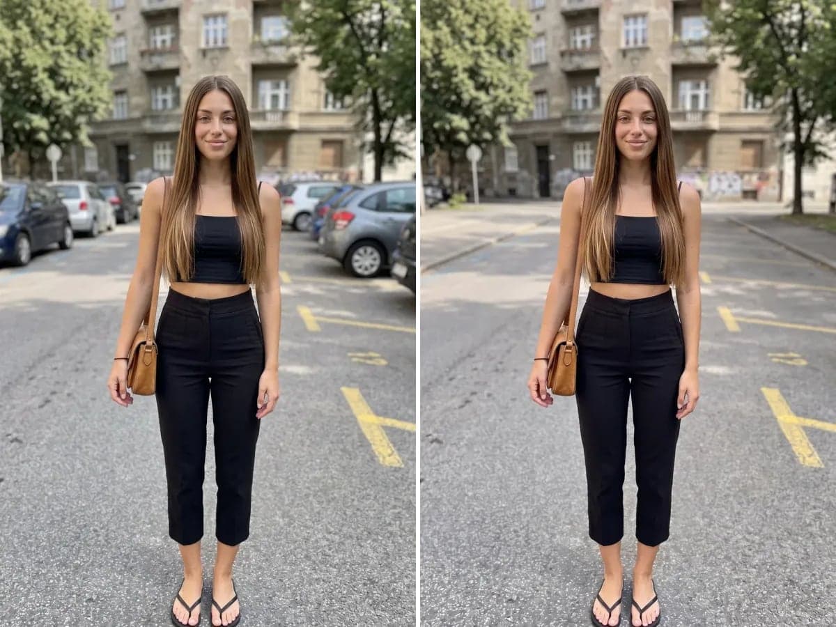Straßenfoto einer Frau, einmal mit und einmal ohne die parkenden Autos hinter ihr