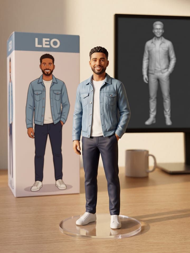 Bemalte Sammelfigur eines lächelnden bärtigen Mannes in Jeansjacke auf einem klaren runden Sockel auf einem Schreibtisch, dahinter die illustrierte Schachtel mit dem Namen LEO und das graue 3D-Modell auf einem Monitor