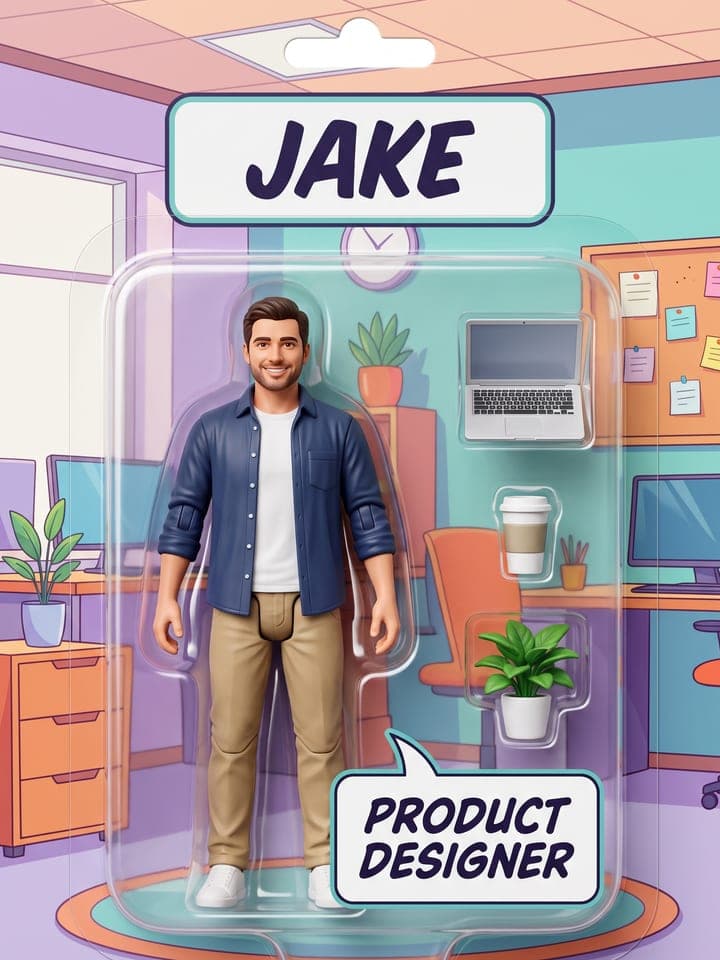 Actionfigur eines Mannes in marineblauem Overshirt und Chinos in einer Blisterverpackung mit der Aufschrift JAKE und PRODUCT DESIGNER