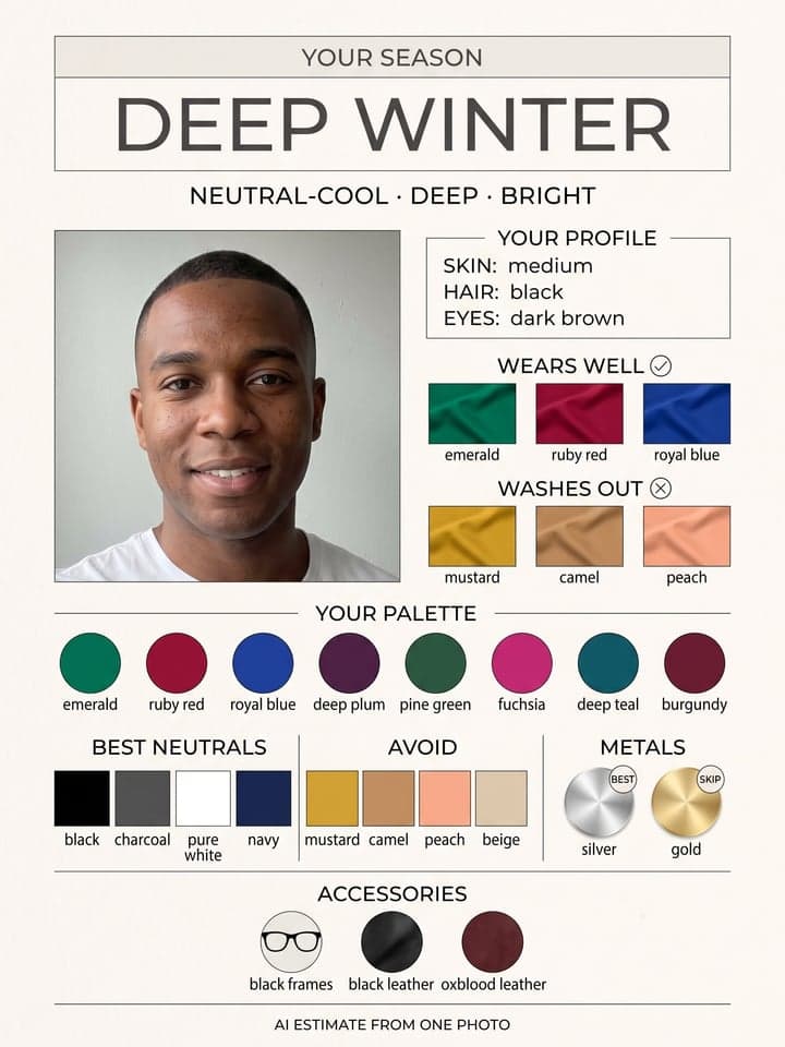 Farbanalyse-Poster YOUR SEASON: DEEP WINTER für einen Mann, mit Farben zum Tragen und zum Meiden und einem Block mit Accessoires