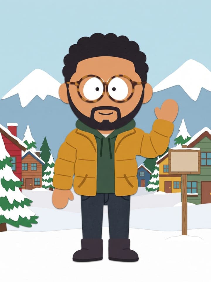 Cartoon aus ausgeschnittenem Papier: Ein Mann mit schwarzen Locken, kurzem Bart und runder Brille in senfgelber Pufferjacke winkt in einer verschneiten Bergstadt
