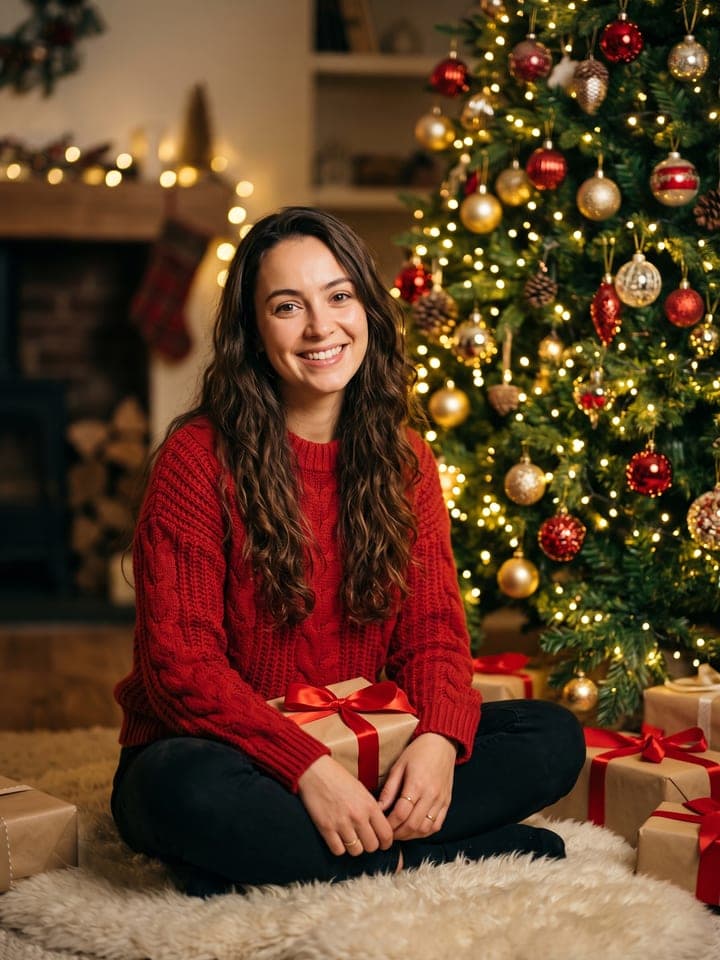 Weihnachtsporträt im Editorial-Stil einer lächelnden Frau mit langen welligen Haaren in dickem rotem Zopfstrickpulli, die auf einem Schaffell neben einem beleuchteten Baum sitzt, ein verpacktes Geschenk auf dem Schoß