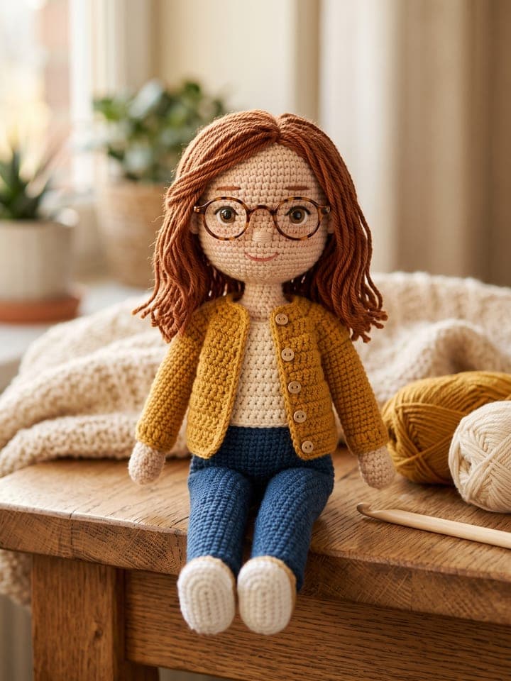 Handgemachte gehäkelte Amigurumi-Puppe einer lächelnden Frau mit welligem kastanienrotem Wollhaar, runder Brille und senfgelber Strickjacke, auf einem Holztisch neben Wollknäueln und einer Häkelnadel in warmem Fensterlicht