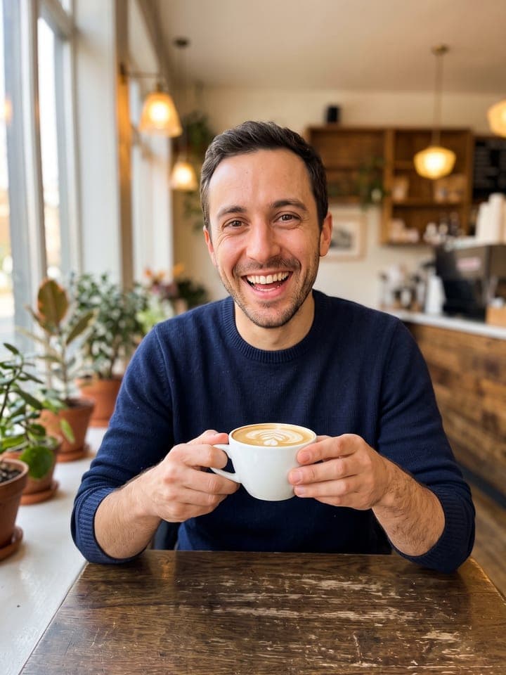 Spontanes Handyfoto eines lachenden Mannes Anfang dreißig mit kurzen dunklen Haaren und Bartstoppeln im marineblauen Strickpulli, der in einem sonnigen Café an einem Holztisch einen Latte hält