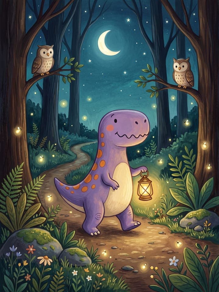 Bilderbuchillustration des gezeichneten lila Dinosauriers eines Kindes, der durch einen mondbeschienenen Wald läuft