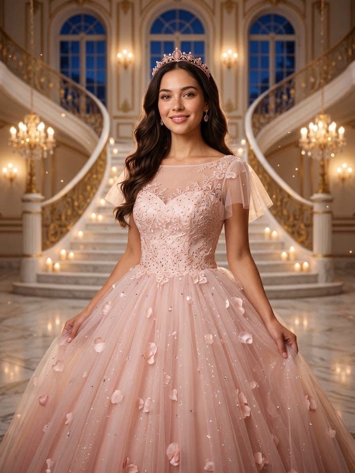Porträt als Märchenprinzessin: eine lächelnde Frau mit langen dunklen welligen Haaren und roségoldenem Diadem in einem funkelnden zartrosa Tüll-Ballkleid mit Seidenblütenblättern, am Fuß einer doppelten Marmortreppe in einem kerzenbeleuchteten Palastballsaal mit Kristallkronleuchtern und hohen Bogenfenstern