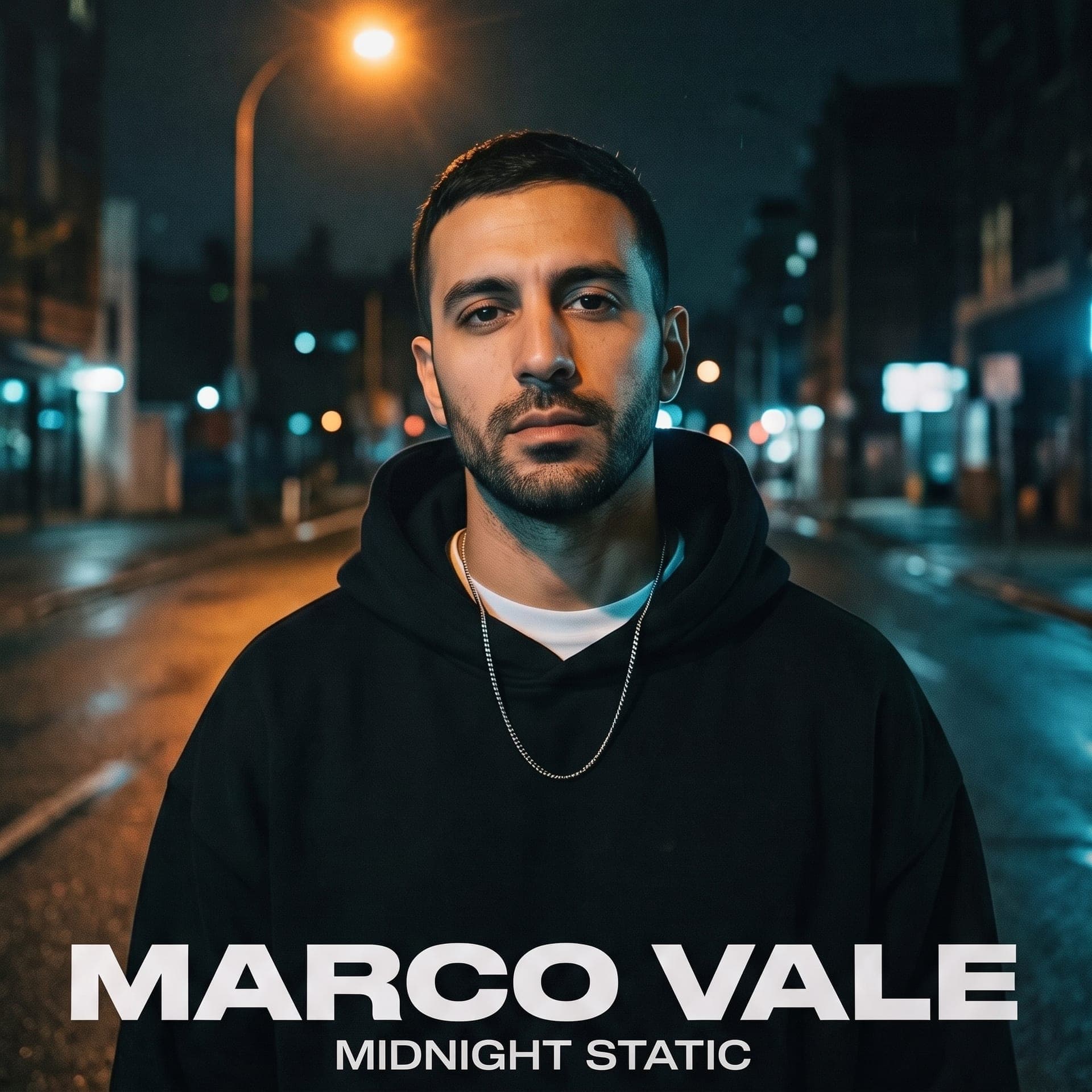 Quadratisches Albumcover: ein Mann mit kurzem dunklem Bart im schwarzen Hoodie auf einer nassen Straße bei Nacht unter einer orangefarbenen Straßenlaterne, der Name Marco Vale in fetten weißen Großbuchstaben, darunter der Titel Midnight Static