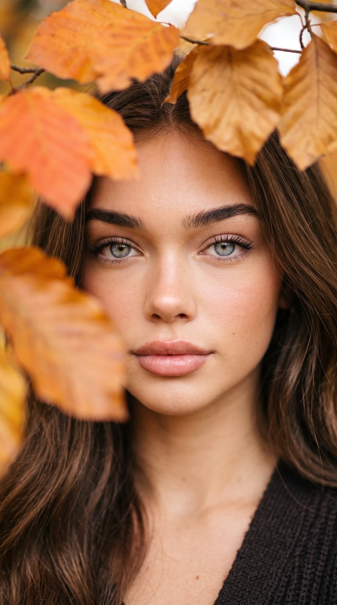 Nahaufnahme einer jungen Frau mit langen braunen Haaren und blauen Augen, umrahmt von orangefarbenem Herbstlaub