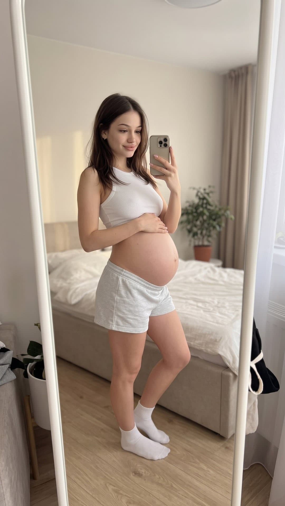 Spiegelselfie einer lächelnden jungen Frau in weißem Crop-Top und grauen Shorts mit einer Hand auf einem runden Babybauch