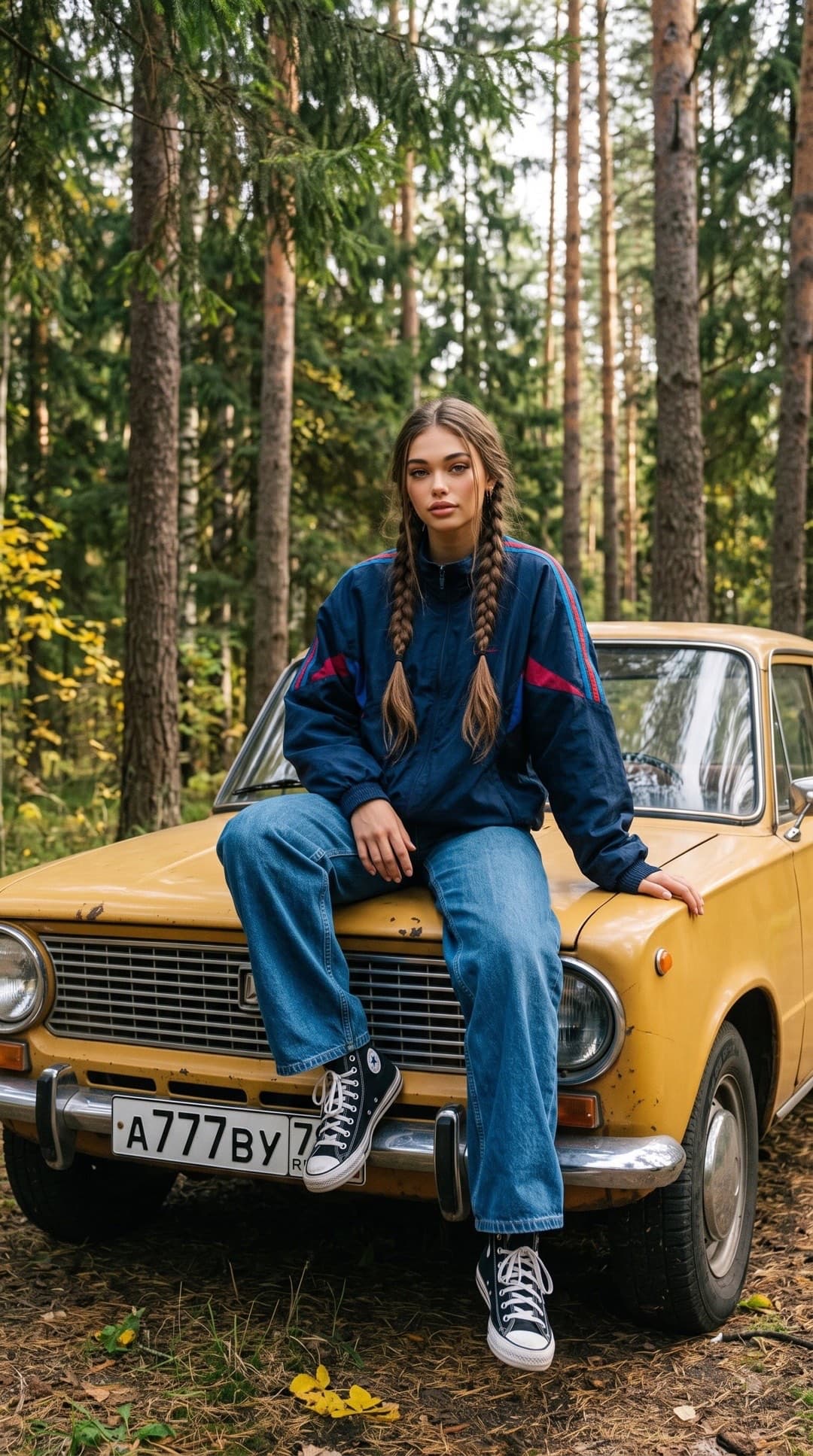 Junge Frau mit zwei Zöpfen in marineblauer gestreifter Jacke und weiter Jeans sitzt auf der Motorhaube eines gelben Oldtimers in einem Kiefernwald